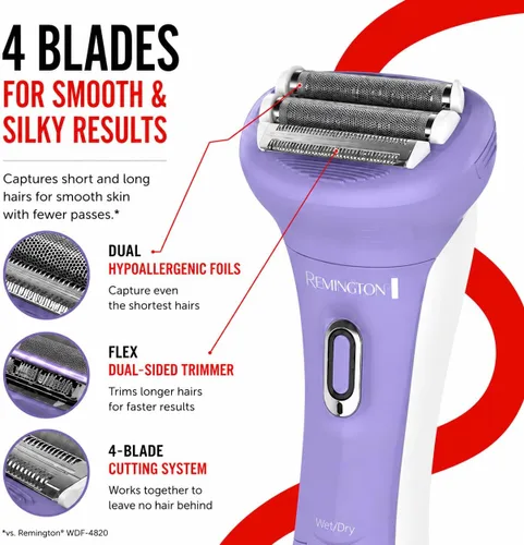 Miniatura 2 de Depiladora eléctrica recargable Remington WDF5030 para dama, para depilación en seco y sobre la piel húmeda, color morado y blanco, Púrpura/Blanco