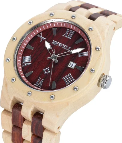 Miniatura 2 de Bewell Relojes de madera para hombre, reloj de pulsera luminoso de cuarzo analógico hecho a mano