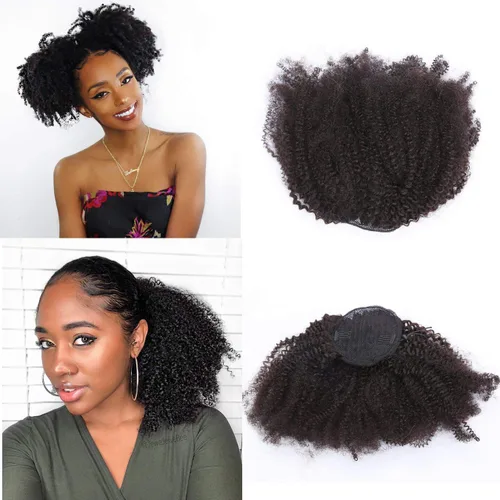 Miniatura 9 de Extensiones de cabello humano Yaki Afro Kinky rizado cola de caballo con cordón, cabello humano de color natural con clip, cola de caballo rizado