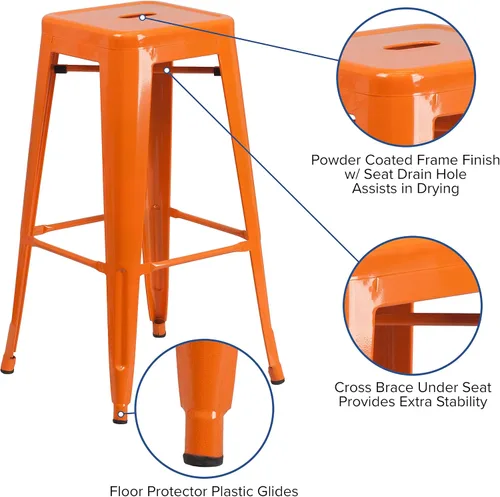 Miniatura 5 de Merrick Lane Taburete de altura de barra serie Newark - Acabado naranja - Marco de metal con soporte cruzado - Diseño sin espalda - Reposapiés