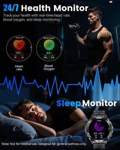 Miniatura 4 de Reloj inteligente militar para hombres, pantalla AMOLED de 1.60 pulgadas siempre encendida, 600 mAh (7 a 10 días), linterna LED, llamada Bluetooth