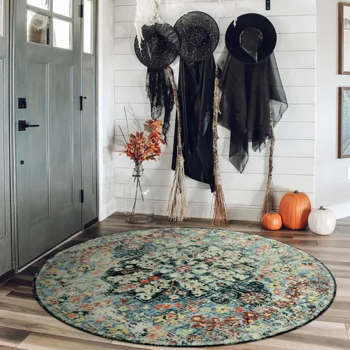 Miniatura 3 de Lahome Alfombra redonda de medallón floral bohemio, alfombra redonda de entrada de 4 pies, alfombra circular suave para baño, color verde azulado