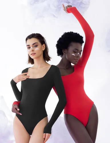 Miniatura 39 de PUMIEY Body sexy de manga larga con cuello cuadrado para mujer, colección Smoke Cloud