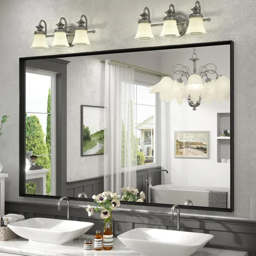 Miniatura 125 de Paquete de 2 espejos de baño con marco de metal negro de 22 x 30 pulgadas, espejo rectangular redondeado negro mate, antioxidante, se cuelga