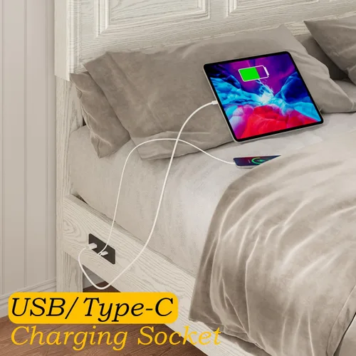 Miniatura 6 de Incyneva Base de cama matrimonial con cabecera ajustable en altura, marco de cama de plataforma de granja con puerto de carga y luces LED,