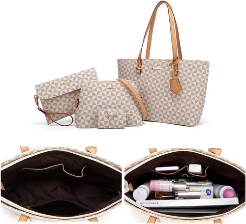 Miniatura 58 de Juego de 4 bolsas modernos para mujer de cuero sintético: bolso tote, bolso de hombro, bolso de mano y cartera.