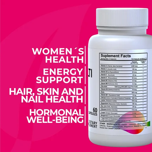 Miniatura 2 de HallMultiWomen - Multivitamínico para mujeres 60 cápsulas con biotina, zinc, magnesio, vitaminas A, C, D, E y complejo B Suplemento diario