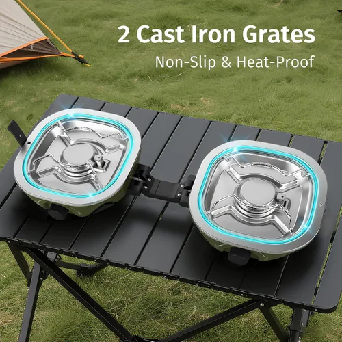 Miniatura 5 de INFOOD Estufa de camping de propano de 20,000 BTU – Estufa de gas portátil de 2 quemadores con control de llama ajustable, encendido piezoeléctrico