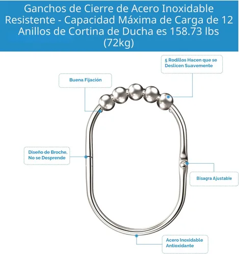 Miniatura 5 de MENGJINGO 12 anillos anchos para cortina de ducha, acero inoxidable a prueba de óxido, anillos de ganchos de ducha resistentes para barras de ducha