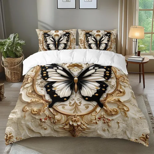 AILONEN Juego de ropa de cama de mariposas en blanco y negro tamaño King, juego de funda de edredón con estampado de estilo en relieve de lujo para