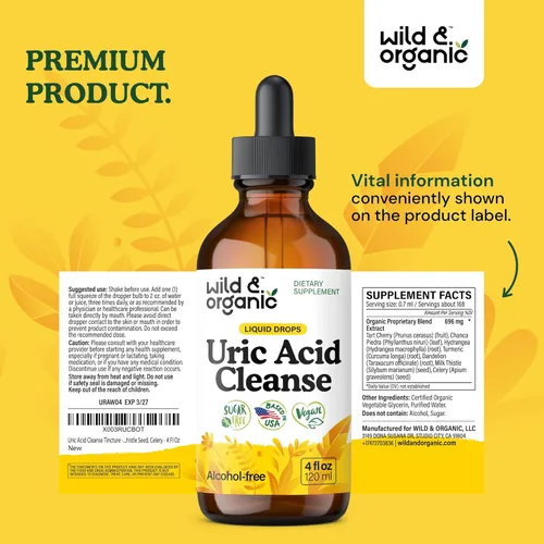Miniatura 9 de Wild & Organic Gotas líquidas de limpieza de ácido úrico, cereza ácida, cúrcuma, apio, chanca piedra, complejo de extracto de raíz de diente