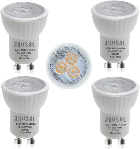 Miniatura 19 de Paquete de 2 mini bombillas LED MR11 GU10 de 1.378 in, luz blanca suave de 3000 K, CA 85-265 V, 3 W GU10 bombillas de foco de base que reemplazan