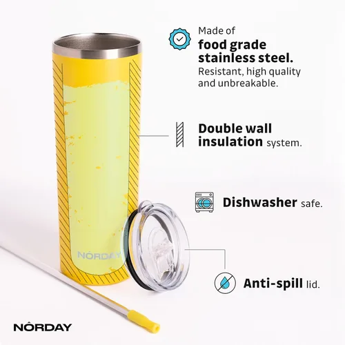 Miniatura 4 de NORDAY Vaso con tapa y popote – Flaco de 22 oz – Amarillo Vaso aislado – Vaso aislado – Vaso de acero inoxidable – Vaso de café de doble pared