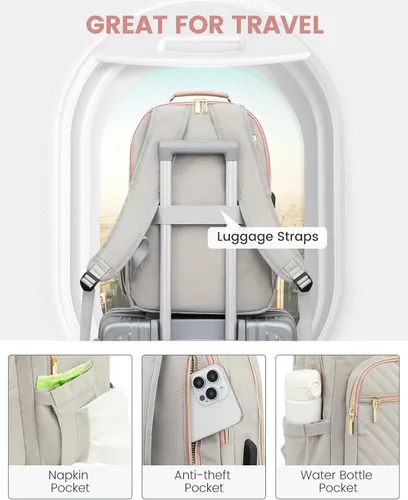 Miniatura 4 de LOVEVOOK Mochila de Viaje para Laptop Bolso para Mujeres Trabajo Negocios Bolsas de Computadora, rosa gris, 17 pulg., Mochilas de viaje