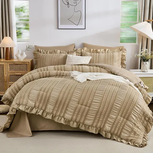 Miniatura 14 de Juego de edredón Queen de WONG BEDDING, edredón blanco y lindo con volantes para cama Queen, juego de 7 piezas en una bolsa, juego de cama