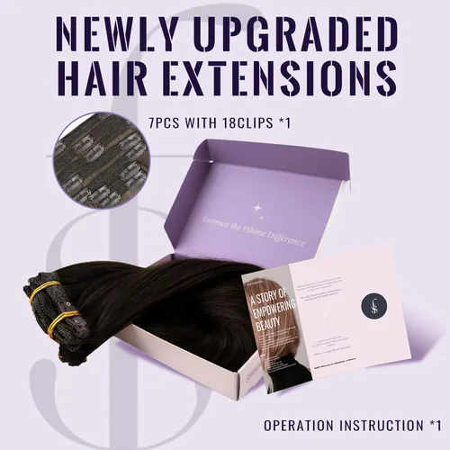 Miniatura 2 de Fshine Extensiones de cabello con broches, 22 pulgadas, 7 unidades, color marrón oscuro, doble trama, extensiones de cabello humano real con clip