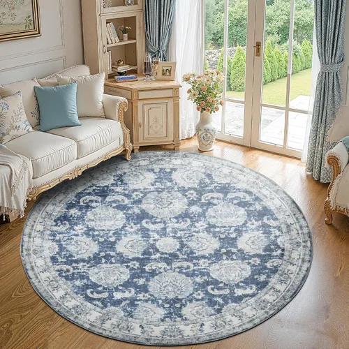 Miniatura 27 de Jinchan Fiora - Alfombra redonda de 8 pies, alfombras vintage con diseño floral envejecido, lavable a máquina, antideslizante, de pelo bajo, Azul
