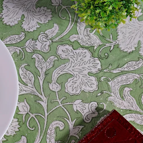 Miniatura 6 de Ridhi Mantel redondo con estampado de bloque a mano, 100% algodón, reutilizable, verde salvia, 90 pulgadas, mantel decorativo para uso diario