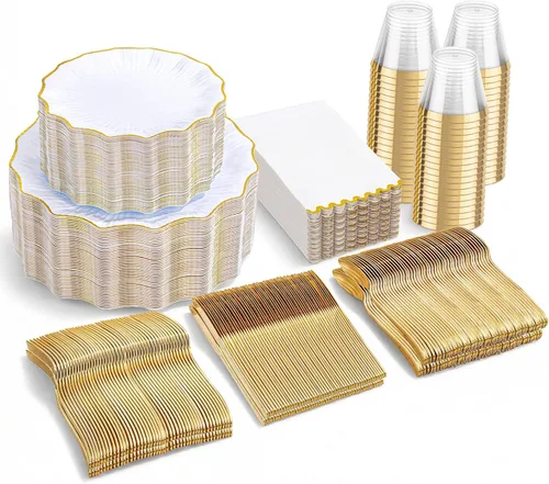 Miniatura 17 de Juego de vajilla dorada de 700 piezas, juego de vajilla desechable transparente para 100 invitados para fiestas, bodas, incluye: 200 platos Dorado