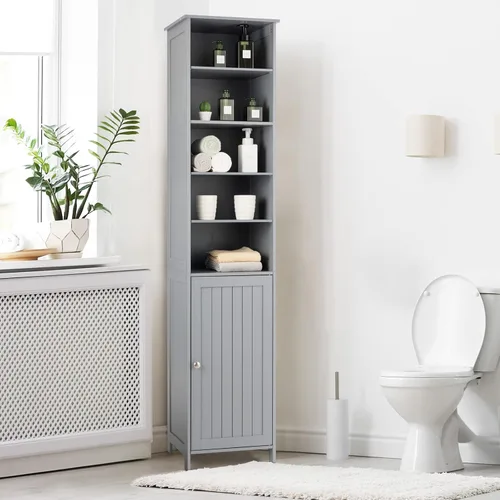 Miniatura 2 de COSTWAY Armario de almacenamiento alto, armario de piso de madera con estantes ajustables de 3 niveles, puerta y perilla convenientes, organizador