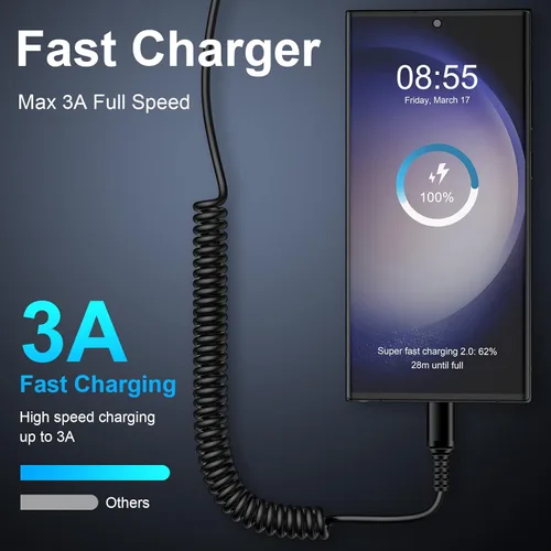 Miniatura 2 de Cable USB A a USB tipo C S25 Cable de carga ultra rápido para automóvil Android Auto, cable rápido retráctil de 3 pies para Samsung Galaxy