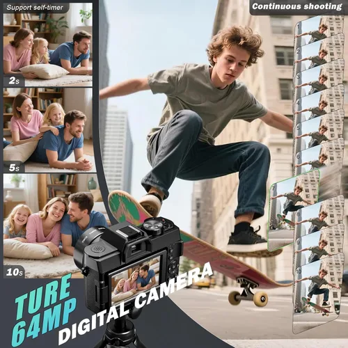 Miniatura 2 de Cámaras digitales 5K para fotografía de 64MP - Zoom de 16X, WiFi, con tarjeta TF de 64 GB, lente macro y gran angular, enfoque automático y Negro
