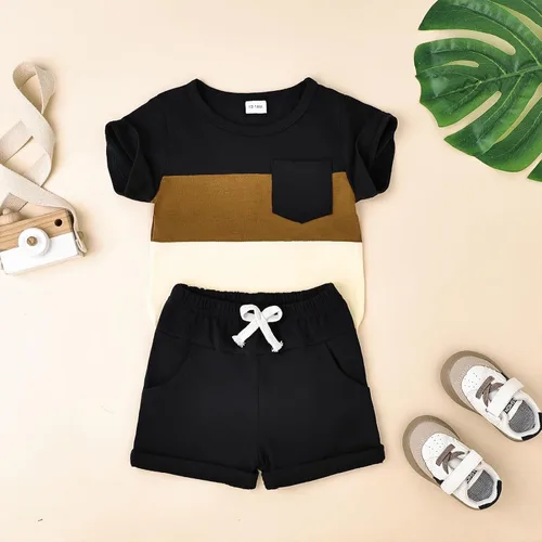 Miniatura 85 de Ropa para bebé niño pequeño, trajes de verano de manga corta, camiseta de retazos y pantalón con bolsillo, conjunto de 2 piezas, 12 meses a 4 años