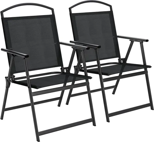 SWITTE Juego de 2 sillas plegables para patio, sillas de comedor al aire libre con reposabrazos, textileno transpirable y marco de acero para Negro