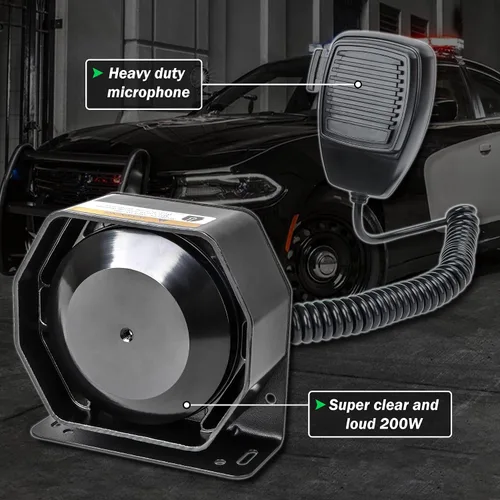 Miniatura 3 de Sirena de policía para coche, 8 tonos, sistema PA de sirena de emergencia de advertencia con micrófono de mano 12 V 200 W para ambulancia, camión