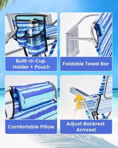 Miniatura 3 de GVDV Sillas de playa tipo mochila para adultos, silla plegable plana portátil con portavasos y toalleros, silla reclinable ajustable de 4 posiciones