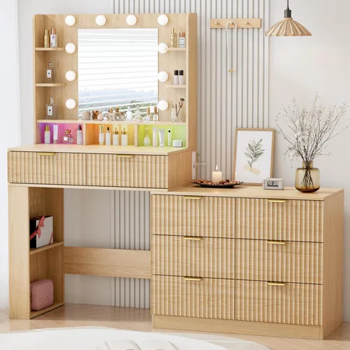 Miniatura 15 de Escritorio de tocador de maquillaje con espejo y luces, escritorio de madera estriada de 45 pulgadas con parte superior de cristal, 5 cajones y Roble