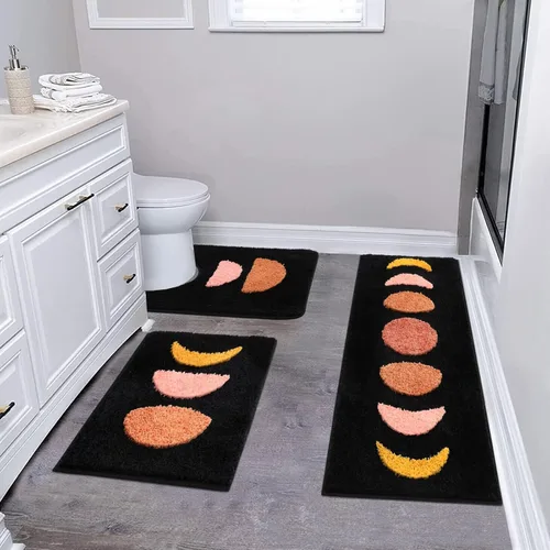 Miniatura 7 de Pauwer Juego de baño bohemio, 3 alfombrillas de microfibra antideslizantes, alfombras absorbentes para ducha e inodoro, pasillo de baño bohemio