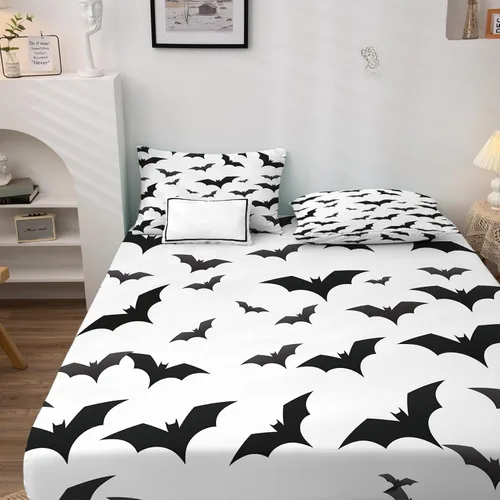 Miniatura 3 de Sábanas de murciélago tamaño individual – Juego de sábanas de Halloween para niños y niñas, juego de sábanas en blanco y negro, microfibra suave