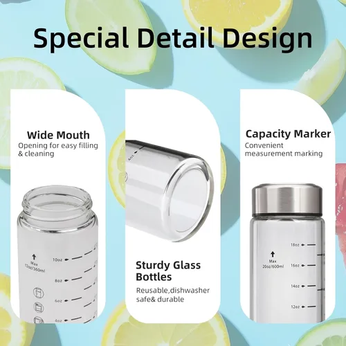 Miniatura 3 de Botellas de vidrio para jugo de 16 onzas, paquete de 2 botellas de agua de boca ancha con tapas para jugo, botellas de jugo reutilizables