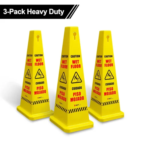 Miniatura 7 de Paquete de 3 conos húmedos de 36 pulgadas, color amarillo brillante de 36 pulgadas, letrero de precaución bilingüe de 4 lados, impresión de suelo