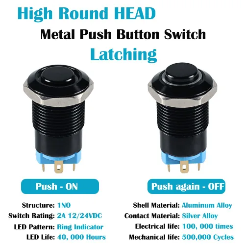 Miniatura 2 de 2 interruptores de botón de metal con pestillo de 0.472 pulgadas, cabeza elevada de 12 V-24 V, 4 pines de encendido y apagado, 1 no, carcasa negra