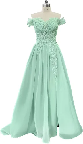 Miniatura 2 de Miao Duo Vestidos largos de graduación con hombros descubiertos para mujer, con abertura de encaje, apliques de gasa, vestidos formales de fiesta