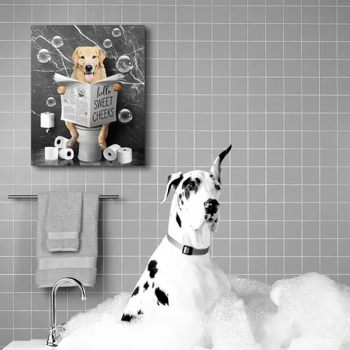 Miniatura 3 de Kasluolo Divertido arte de pared de perro Beagle para decoración de baño, lindo beagle sentado en la bañera, lienzo impreso pintura de animales