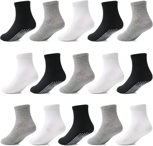 Tphon Calcetines para niños pequeños con pinzas para niños y niñas, calcetines antideslizantes para niños, 15 pares de calcetines de media