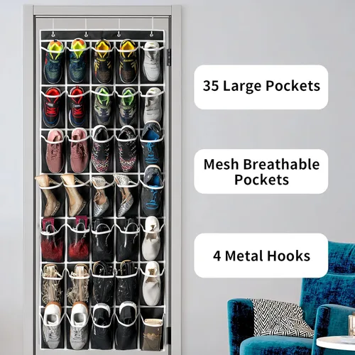 Miniatura 3 de SAVERHO Organizador de zapatos con 35 bolsillos sobre la puerta, organizador de zapatos colgante para puerta con 35 bolsillos de malla, bolsa