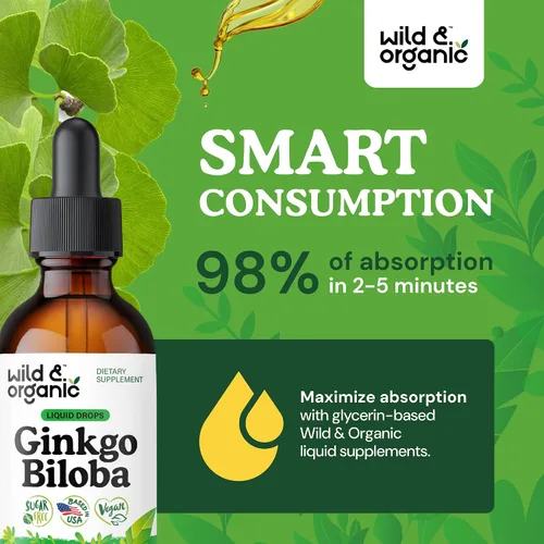 Miniatura 4 de Wild & Organic Tintura de ginkgo biloba, apoyo para el cerebro y la concentración con suplemento de hoja de ginkgo, tintura de extracto de hierbas