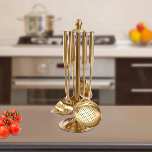 Miniatura 4 de Juego de utensilios de cocina dorados de 7 piezas con soporte, utensilios de cocina de acero inoxidable, herramientas de cocina de metal, juego