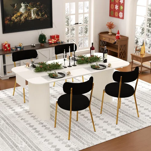 Miniatura 12 de Juego de mesa de comedor ovalada negra moderna de 70.9 pulgadas para 4, mesa de cocina rectangular estilo crema con sillas negras Boucle, juego