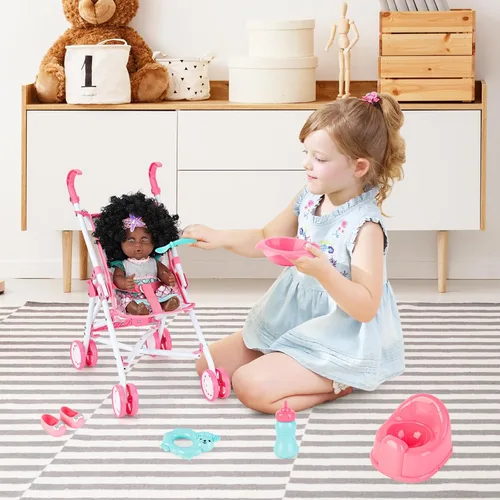Miniatura 7 de deAO Baby Doll Stroller Nursery Role Play Set Baby Doll Accessories Travel Cot,Foldable Stroller and Travel Bag Birthday for Girls Kids