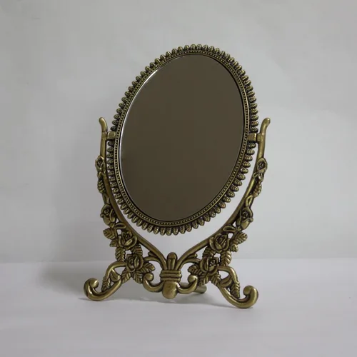 Miniatura 2 de SEHAMANO - Espejo de mesa de maquillaje con patrón de rosas en relieve, espejo decorativo ovalado, marco de metal giratorio de doble cara