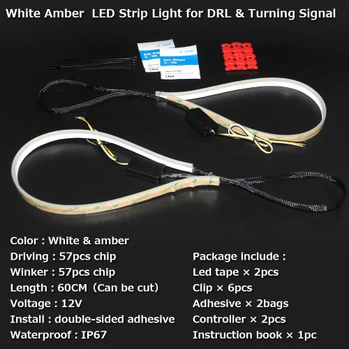 Miniatura 5 de Tira de luz LED ámbar blanca, 2 unidades, 23 pulgadas, 114 unidades, chip LED, doble color, impermeable, para automóvil, flexible, diurna, tira