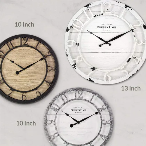 Miniatura 5 de Presentime & Co - Reloj de pared de la serie Farmhouse de 13 pulgadas, movimiento de cuarzo, estilo Shiplap, número arábigo 3D elevado, blanco