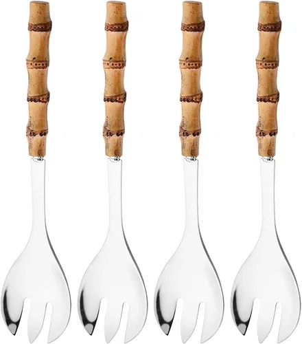 Miniatura 11 de Juego de 4 utensilios para servir con mango de bambú, cuchara larga de acero inoxidable 304, tenedor para cocina, bufé, restaurante, boda, fiesta