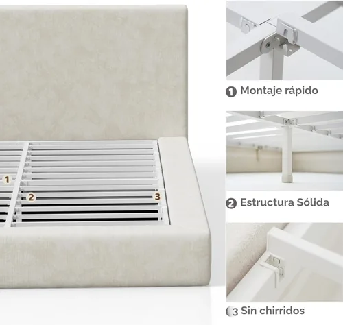 Miniatura 7 de RECCI Cloud - Base de cama Queen tapizada con cabecero, plataforma acolchada de espuma de 5 pulgadas, sin somier, fácil montaje (crema)
