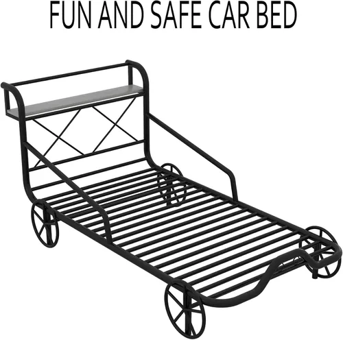Miniatura 3 de Cama individual para automóvil con 4 ruedas, barandillas, estante de almacenamiento para niños, adolescentes, niños y niñas, marco de cama
